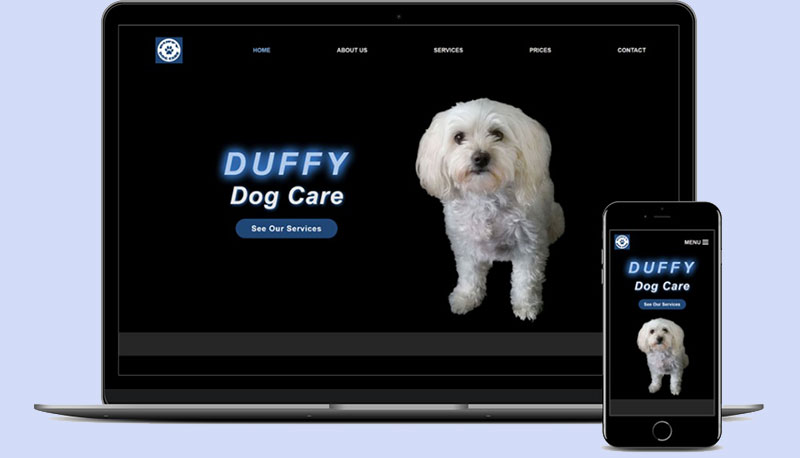 Website Design Example showing a Dog Care Business on a laptop and mobile phone