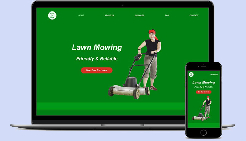 Website Design Example showing a Lawn Mowing Business on a laptop and mobile phone