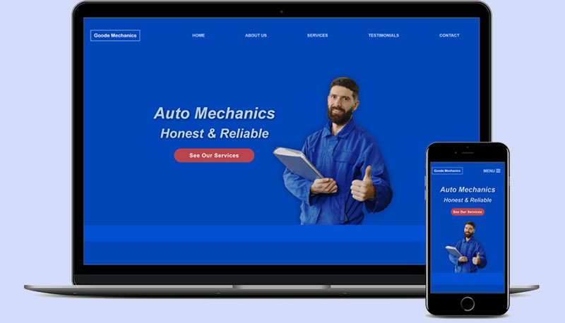 Website Design Example showing a Mechanic Business on a laptop and mobile phone