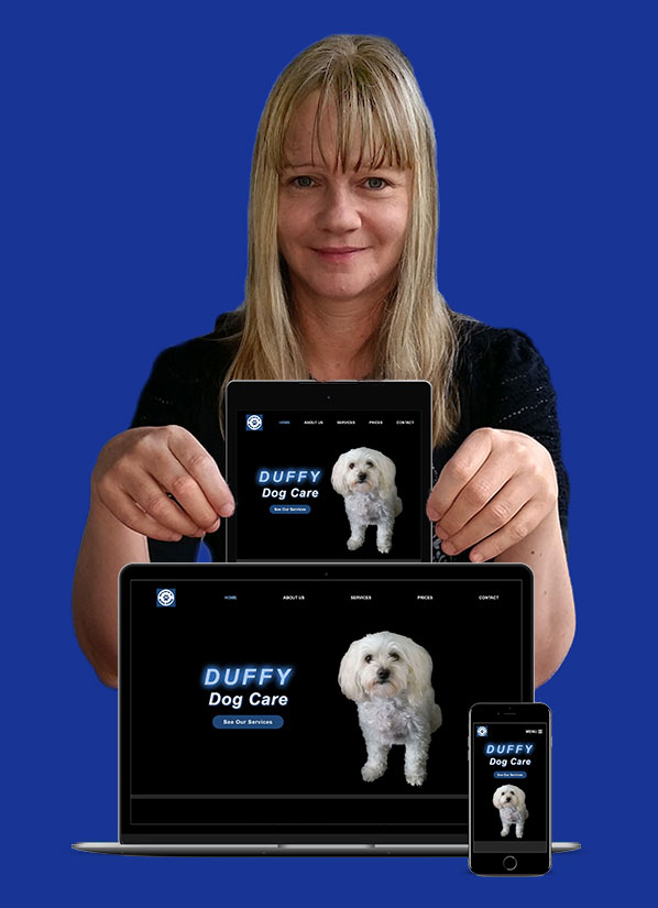 Website Designer showing a website with responsive design, the website is shown on a laptop, tablet and mobile phone