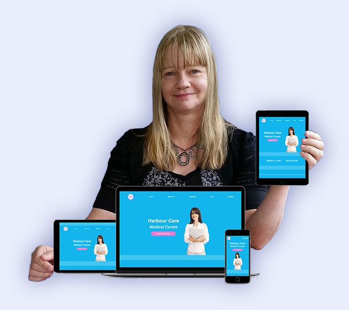 Website Designer showing a website with responsive design, the website is shown on a laptop, tablet and mobile phone